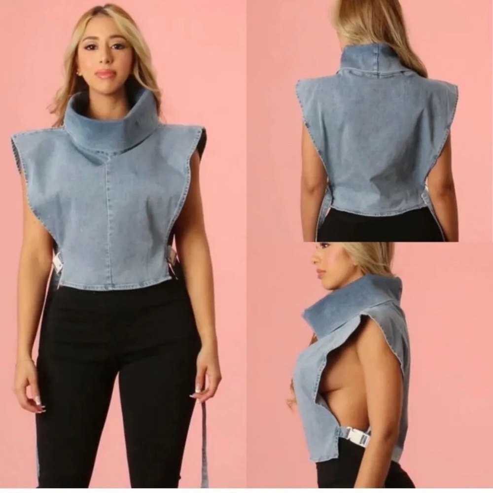 Micas Denim Wide Shoulder Sleeveless Hi Neck Top Size Small NWT! - Picture 2 of 9